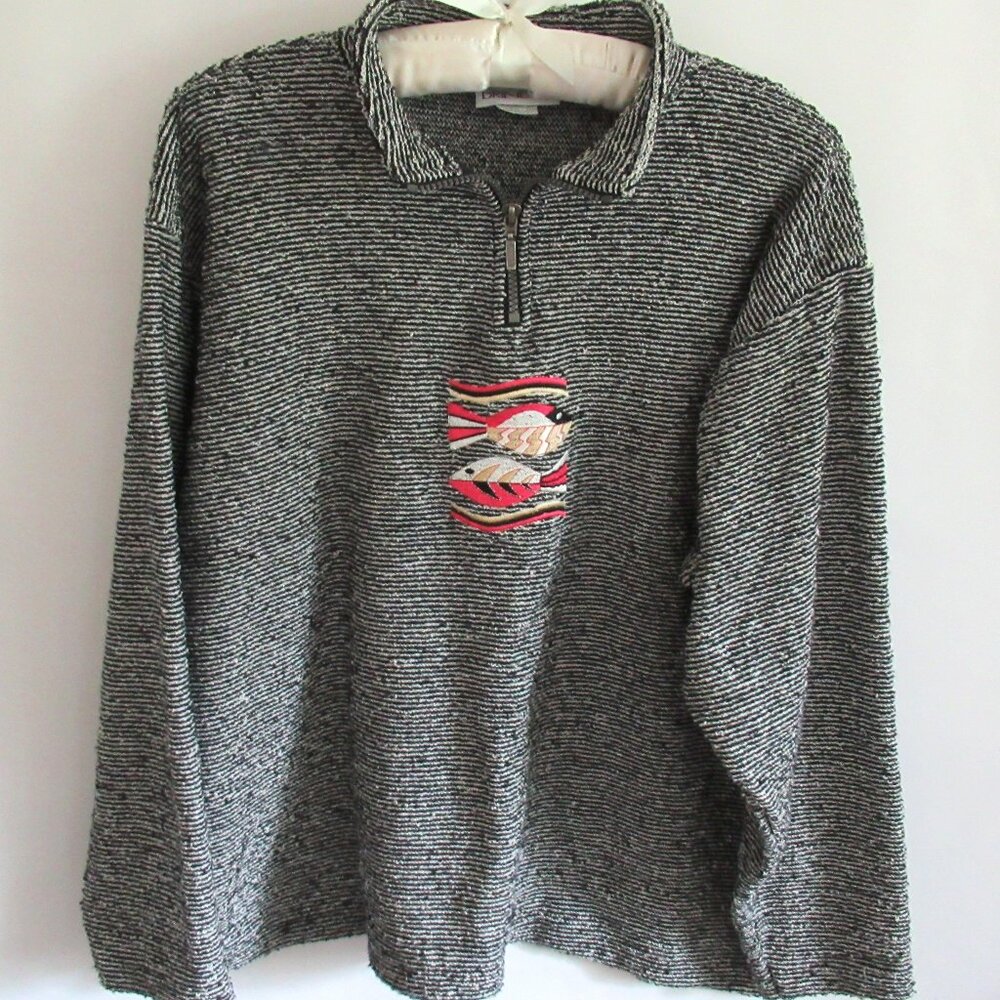 Brindar black white tweed embroidered 1/4 zip long sleeve pullover top *Sz M*